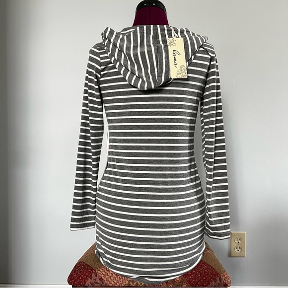 NWT Lawa Women’s Striped Long Sleeve Hooded Super Mini Dress with Pockets - Picture 2 of 13